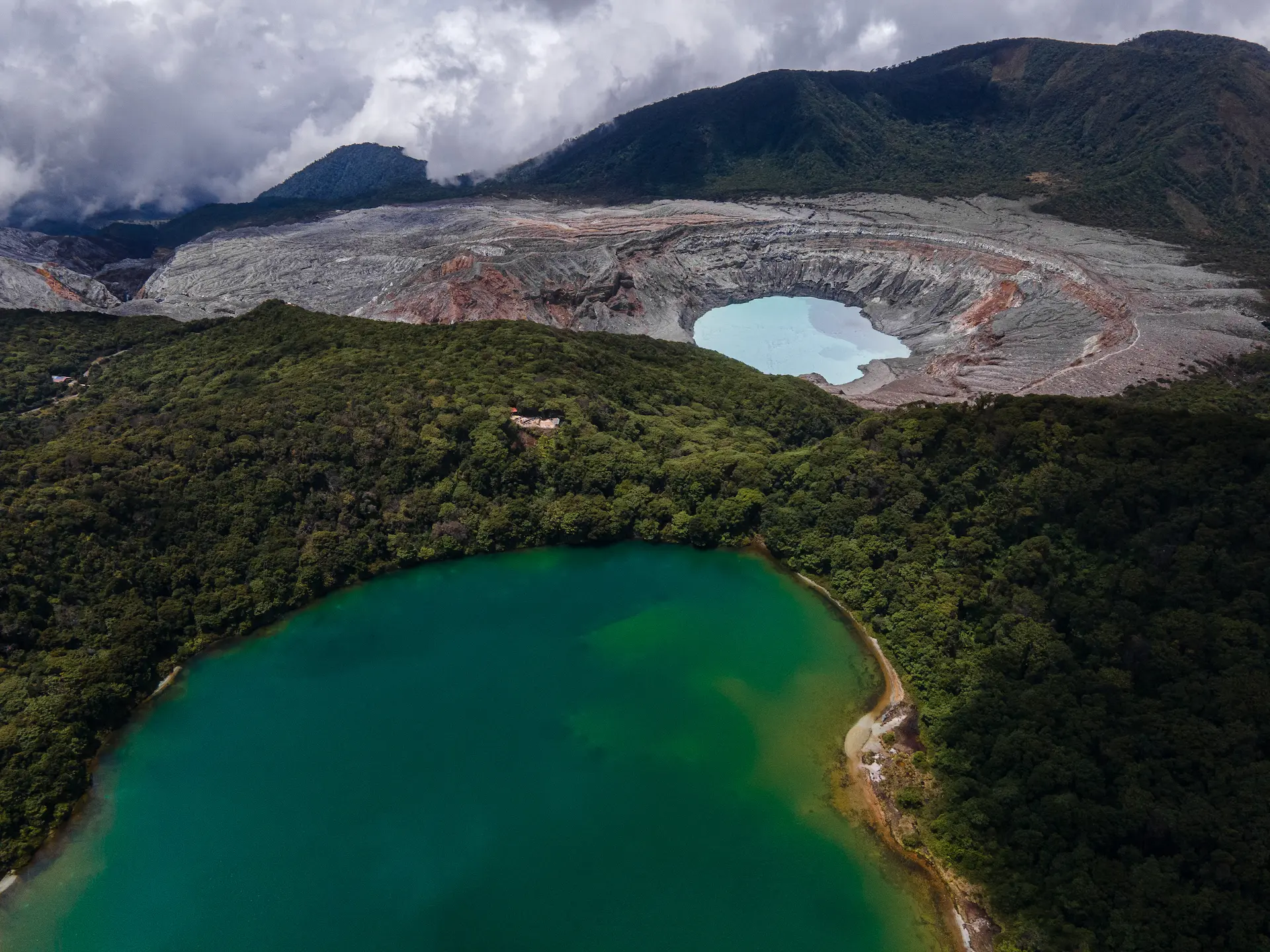 Aerial view of the Po&aacute;s Volcano crater and Botos Lagoon in Costa Rica, about 10 minutes from Oasis Mountain